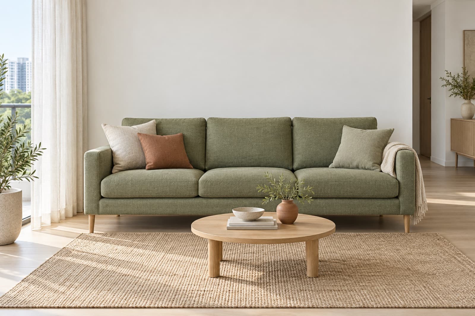 A three-seater sofa in sage green woven fabric on slim oak legs, against a white wall