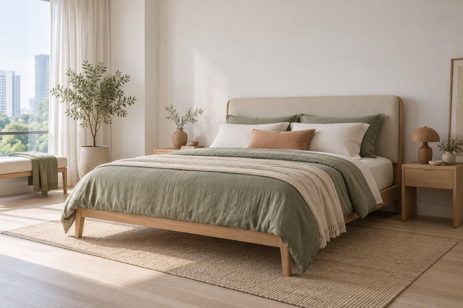A queen bed with an oak frame and an oat upholstered headboard