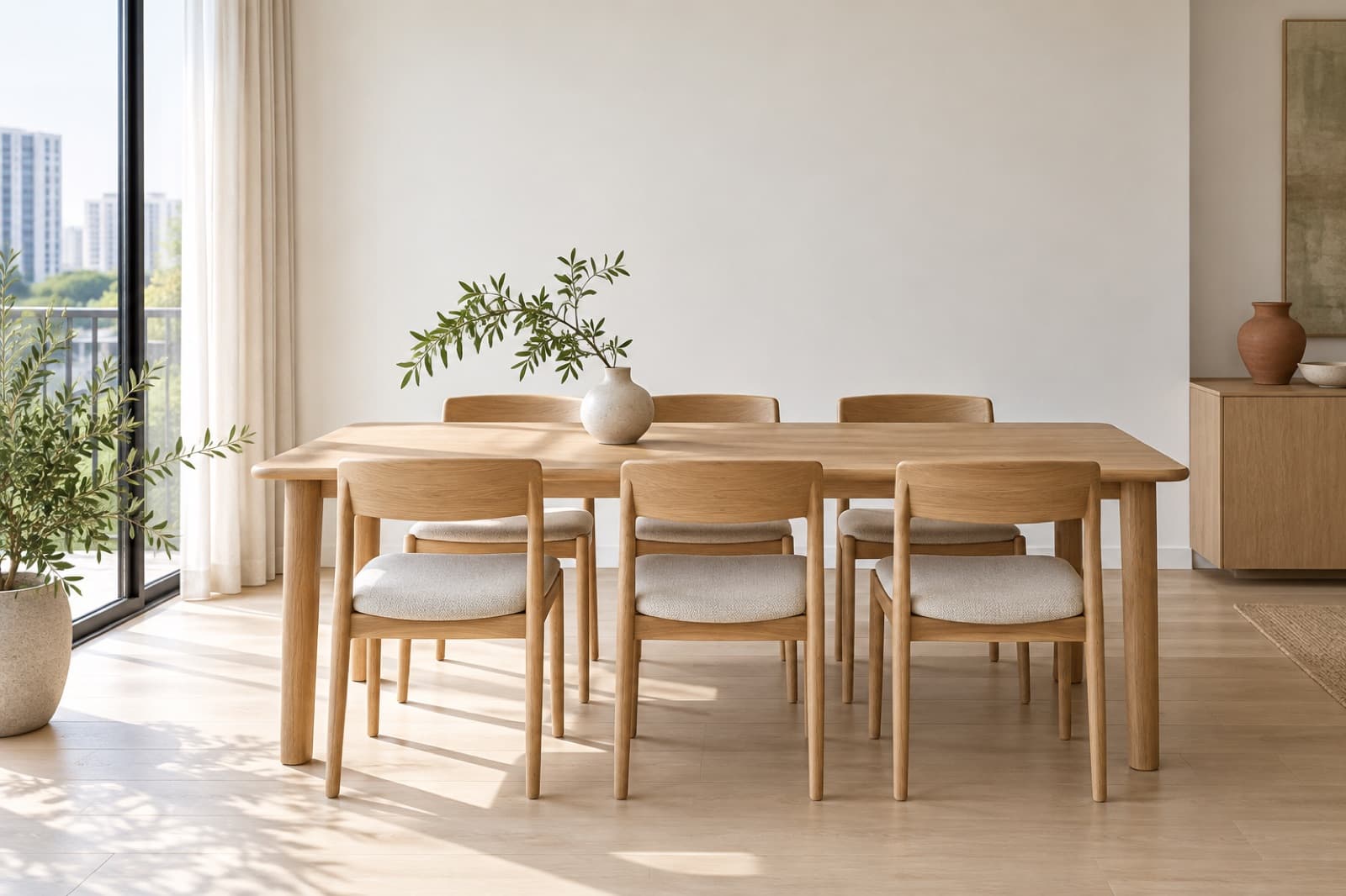 A pale oak dining table with six oak chairs in morning light