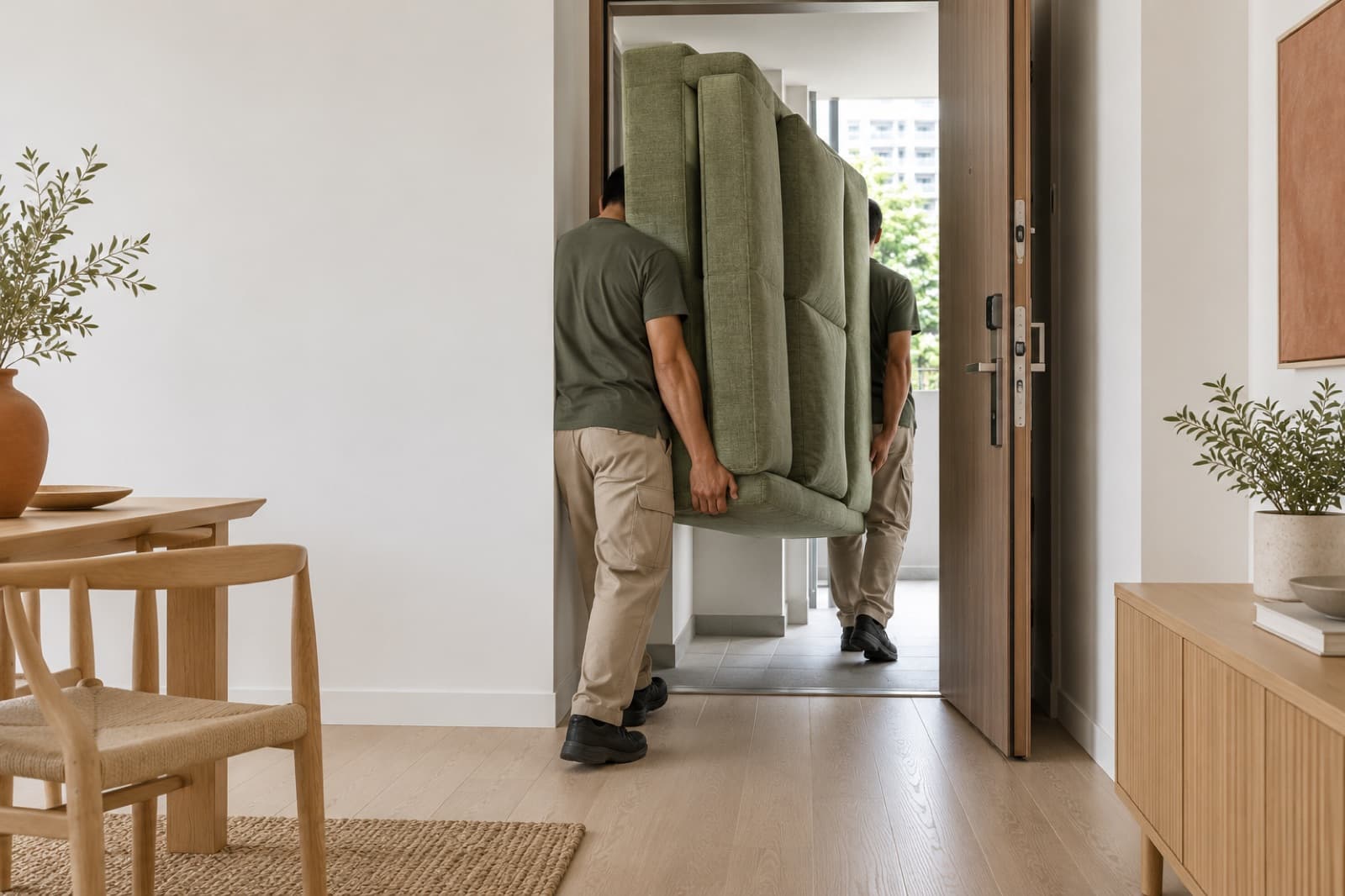 Two movers carrying a sage green sofa on its side through the front door of a flat