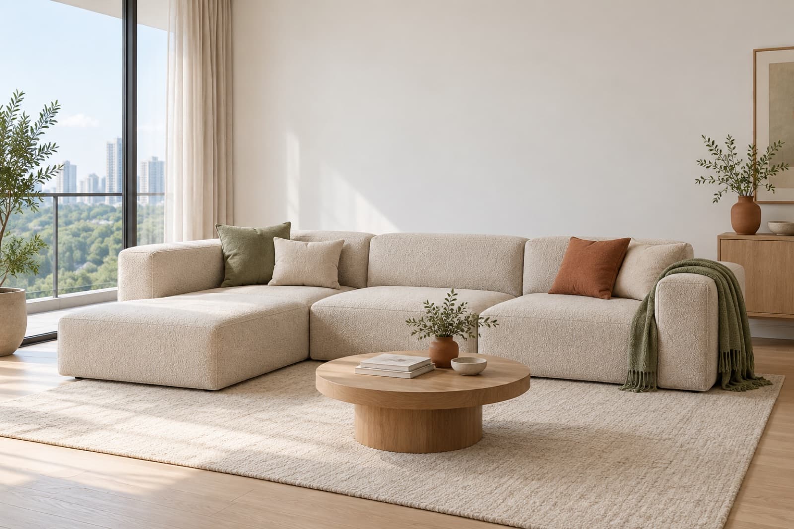 A low L-shaped modular sofa in oat boucle fabric in a bright living room