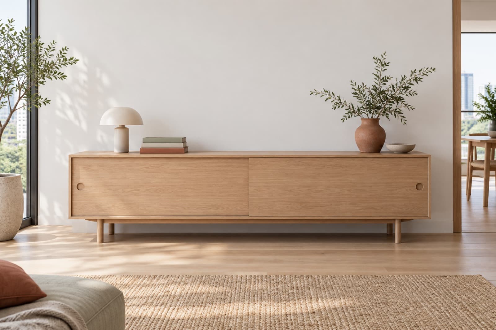 A long low oak sideboard with sliding doors against a white wall