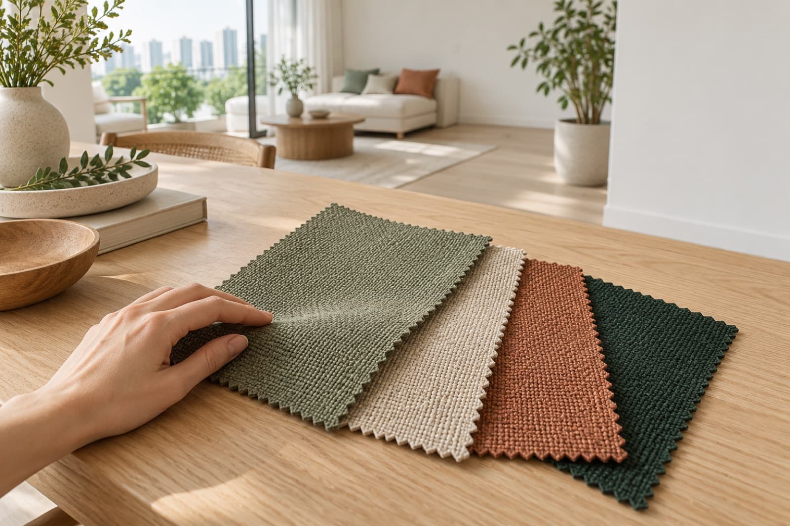 Four woven fabric swatches in sage, oat, clay and dark green fanned out on an oak table