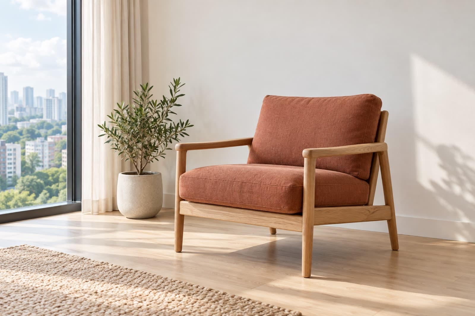 An armchair with an oak frame and clay-coloured cushions beside a window
